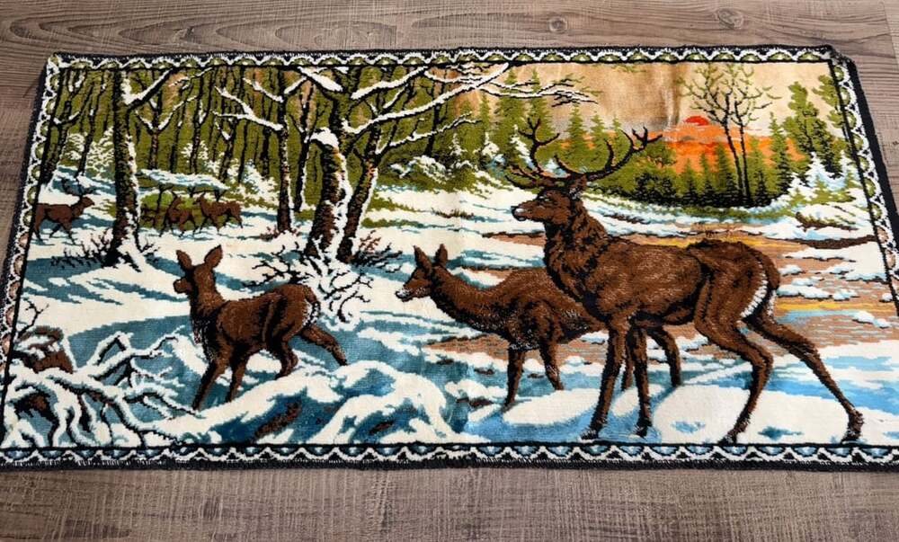 Vintage Velvet Deer Tapestry Winter Landscape Wall Hanging Rug Italian Made